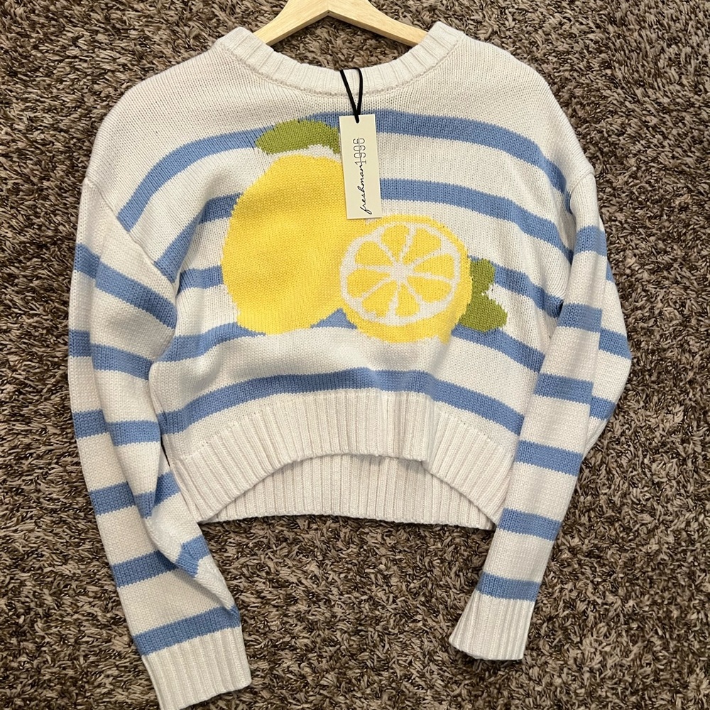 Freshman White & Blue Striped Cropped Sweater with Lemon Motif